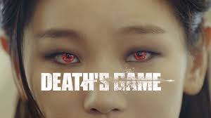 Close up of Park So-dam as Death with glowing red eyes in the KDrama Death's Game title card