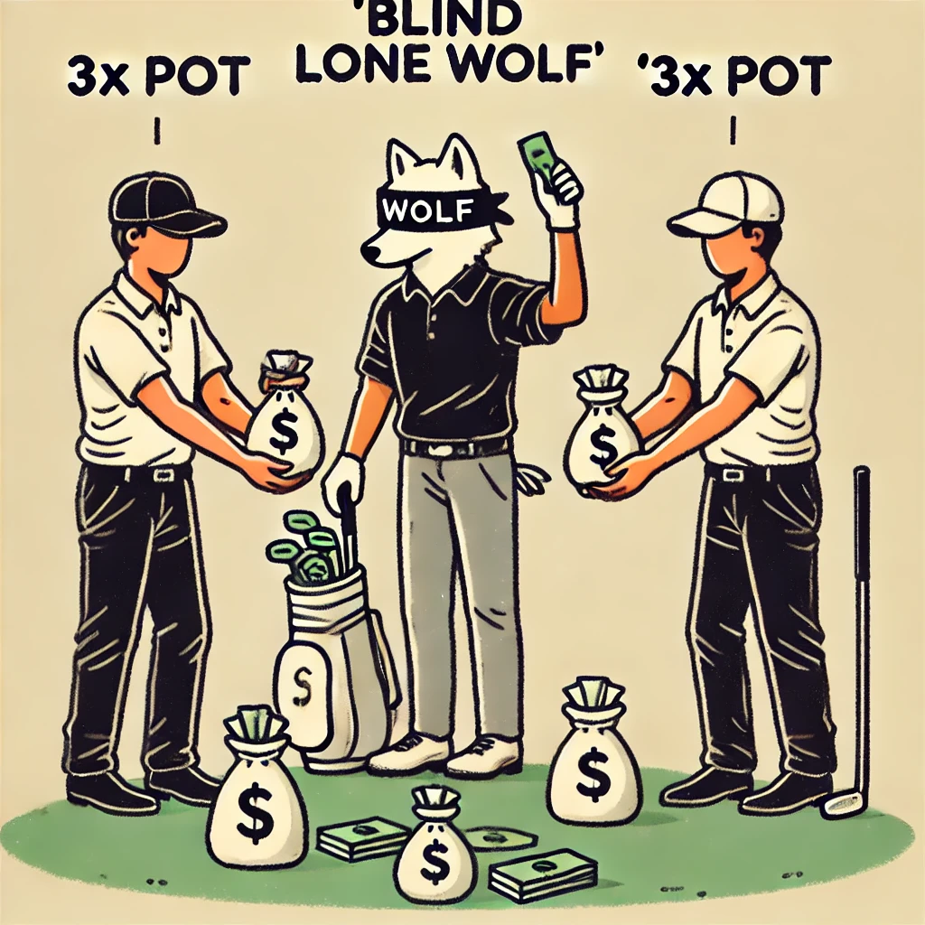 A simple and clear illustration showing the 'Blind Lone Wolf' scenario in the golf game 'Wolf.' The illustration should depict one player labeled 'Blind Lone Wolf' standing with a triumphant pose, holding three bags of money. Surrounding the Blind Lone Wolf, three other players are handing over their money, each with a small label indicating '3x pot' to show that they are paying triple the usual amount. The background should be a minimal depiction of a golf course with a focus on the players and the exchange of money.