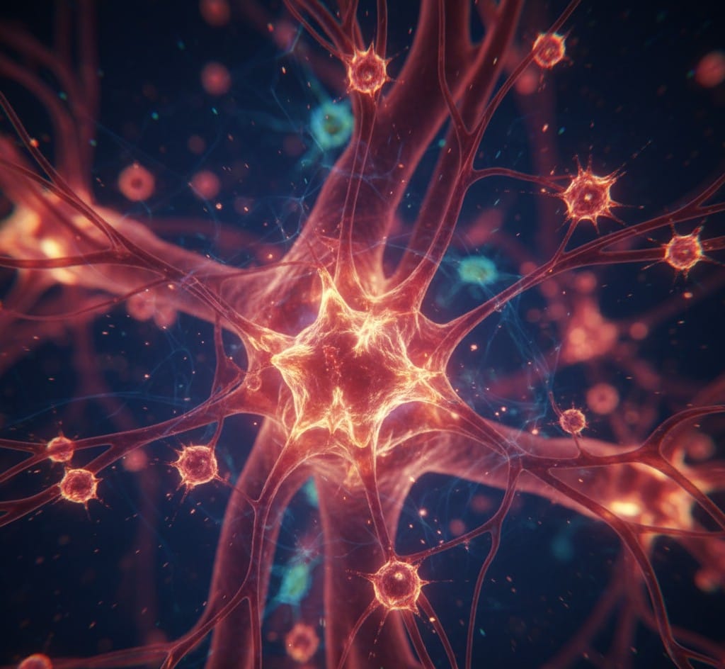 Abstract microscopic view of inflamed neural cells or cellular structures, depicted with glowing red and orange tones indicating inflammation, surrounded by smaller, active immune cells against a dark background
