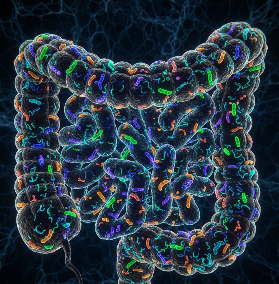 Illustration of the human large and small intestines, filled and covered with a diverse community of colorful bacteria and microorganisms, representing the complex gut microbiome
