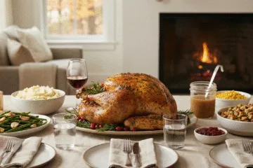 Cozy Thanksgiving dinner table set for three people with a roasted turkey, fresh green beans, stuffing, mashed potatoes, and red wine in front of a fireplace.