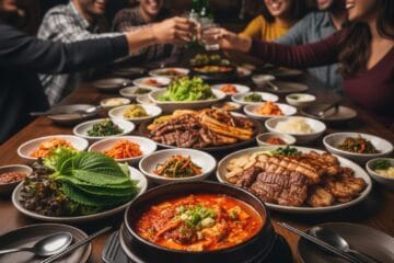 A vibrant overhead shot of a Korean feast, featuring various banchan, grilled pork belly (samgyeopsal), short ribs (galbi), fresh lettuce wraps, and a bubbling kimchi jjigae in a black ttukbaegi bowl. Six young, diverse adults are smiling and raising glasses of soju in a communal toasting gesture, embodying the 5-Bok blessings of happiness and love.