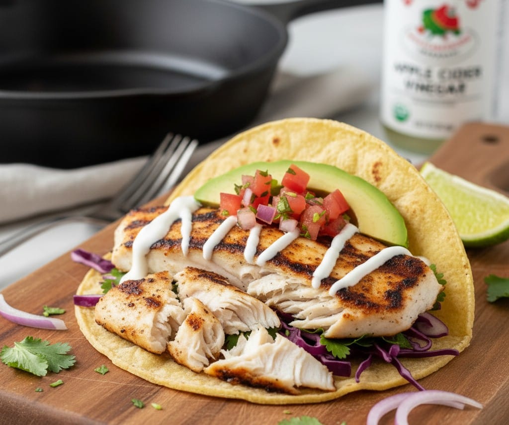 Flaked anti-inflammatory fish tacos with purple cabbage probiotic slaw, creamy Greek yogurt sauce, avocado, and fresh lime on a wooden board.