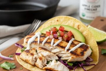 Flaked anti-inflammatory fish tacos with purple cabbage probiotic slaw, creamy Greek yogurt sauce, avocado, and fresh lime on a wooden board.