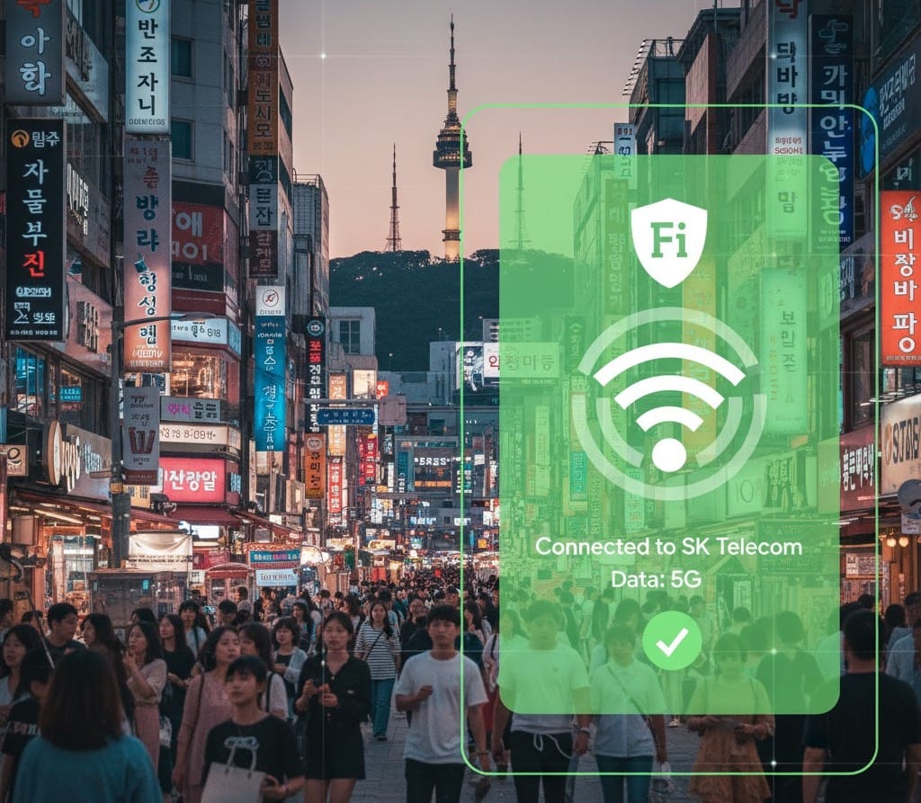 Seoul cityscape with 5G connectivity overlay, highlighting seamless travel data in South Korea.