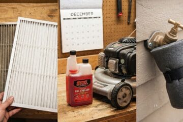 A close-up of an outdoor water faucet with a protective foam cover being installed, sitting next to a clean white furnace filter and a red bottle of fuel stabilizer on a wooden table.