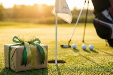 A wrapped gift box with green and gold ribbon sitting on a sunny golf course green next to the flagstick and hole, with a golf bag in the background.